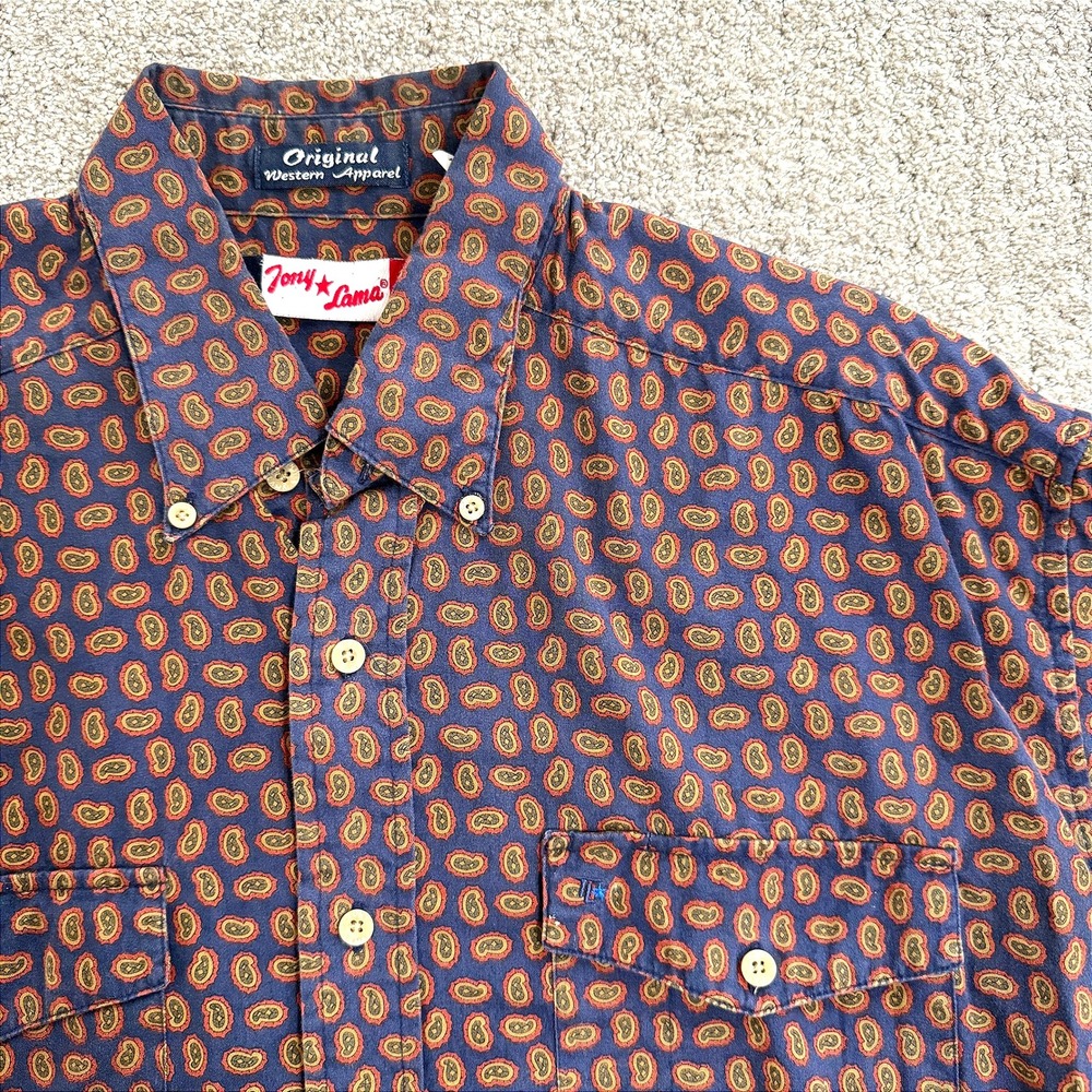 Tony Lama Western‎ Mens Large Blue Red Gold Paisley Print Button Down Shirt